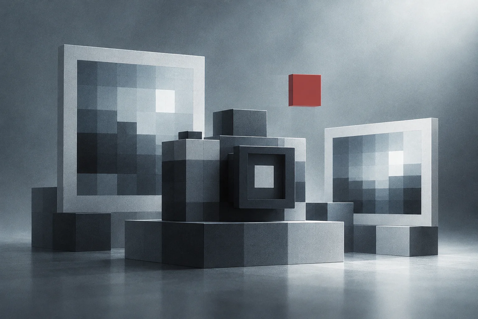 A pixel-built studio camera and framed images in gray with a floating red block